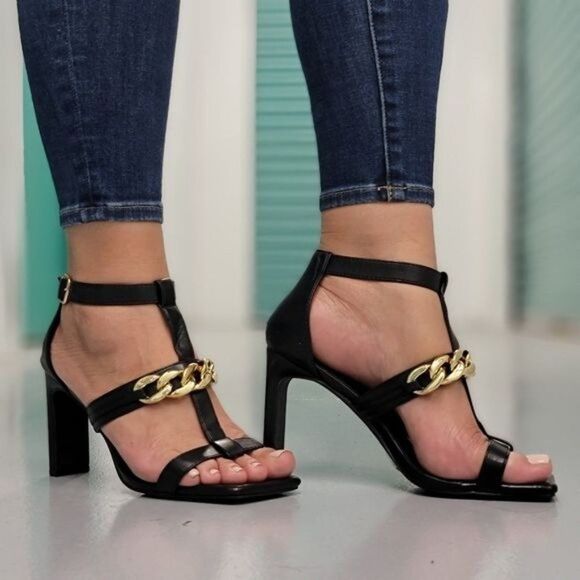 Women's Black Gold Chain Chunky Heels - Picture 2 of 5